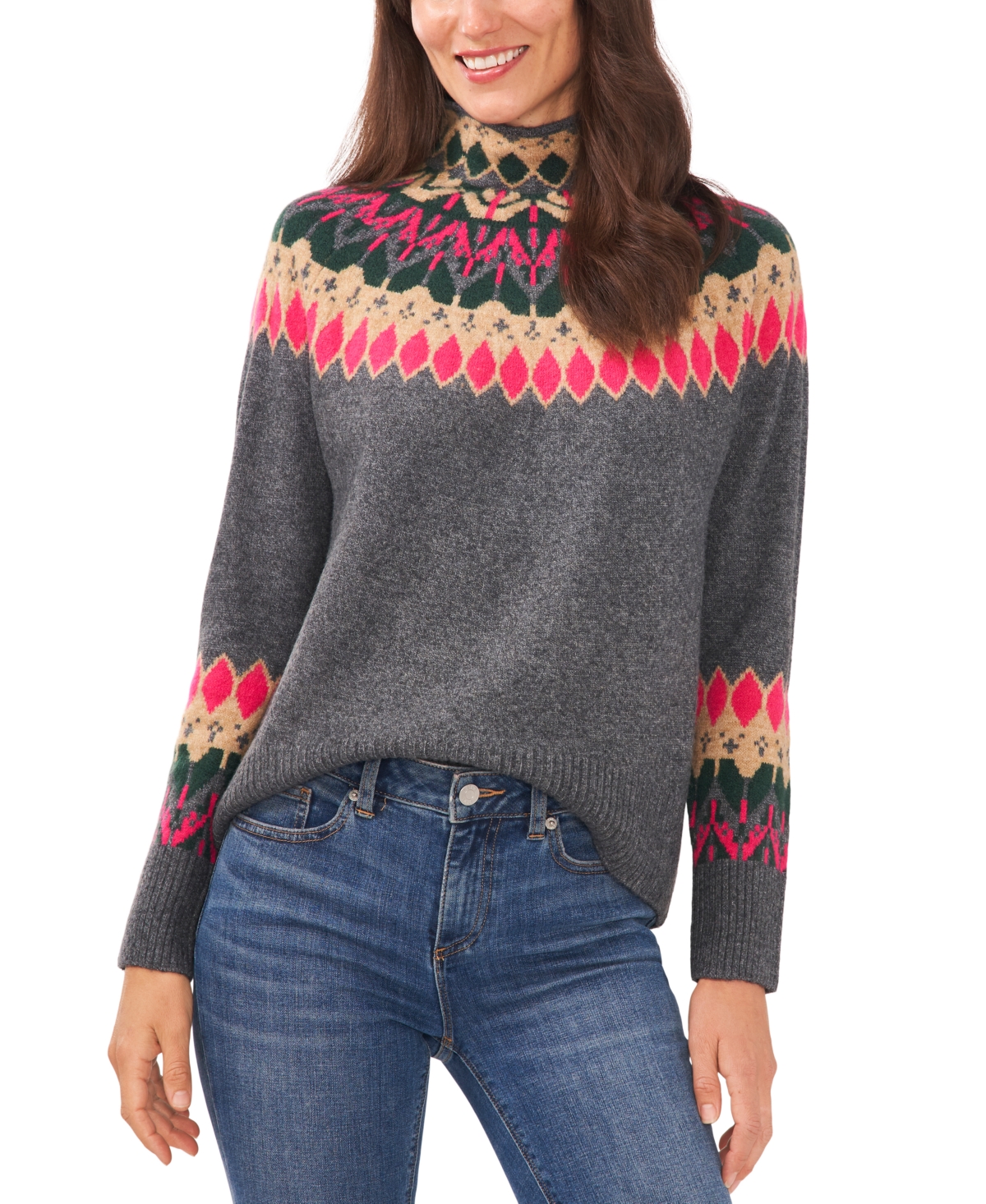 Cece Fair Isle Funnel Neck Sweater In Medium Heather Grey