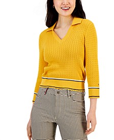 Women's Cotton Johnny-Collar Cable-Knit Sweater