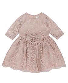Baby Girls Stretch Glitter Lace Dress with Bow Detail