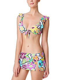 Women's Color Crush Ruffled-Shoulder Tie-Front Bikini Top & Matching Swim Skirt