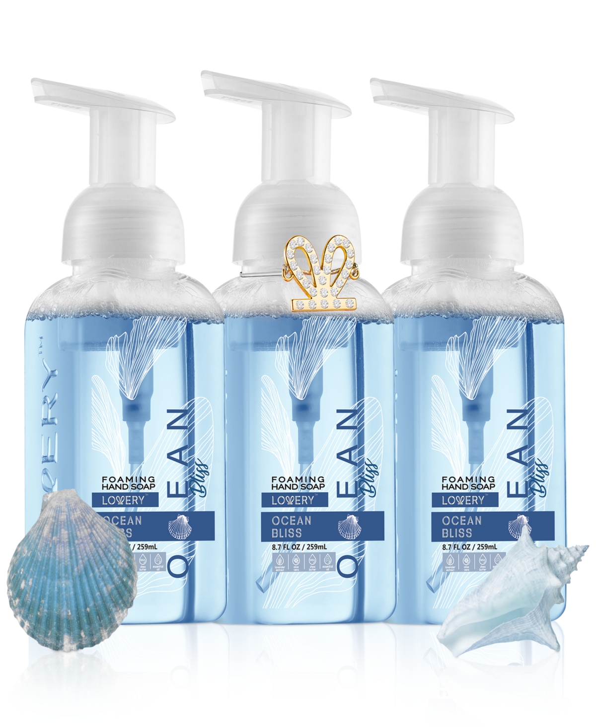Lovery Hand Foaming Soap in Ocean Bliss, Moisturizing Hand Soap with Flawless Crystal Heart Bracelet - Hand Wash Set, 4 Piece