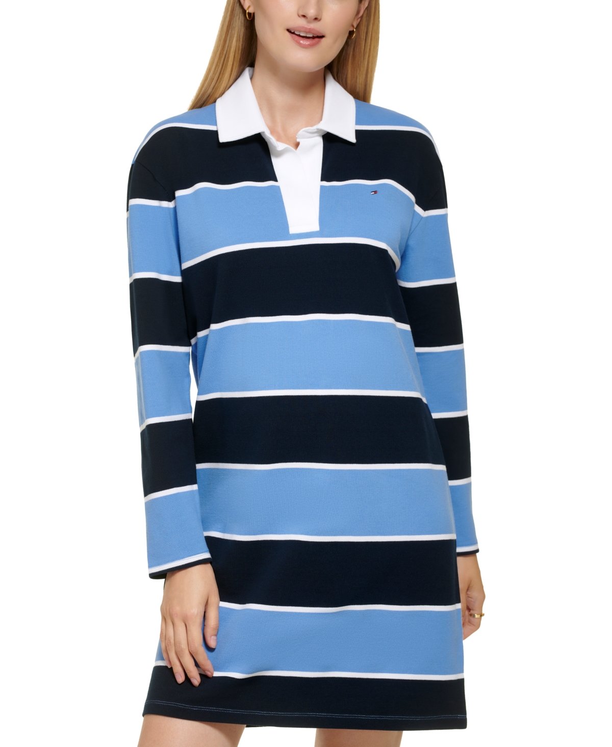 Tommy Hilfiger Women's Rugby Collared Dress - Preppy Rugby Stripes- Sky Captain/bright