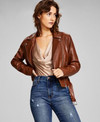 And Now This - Women's Belted Faux-Leather Moto Jacket