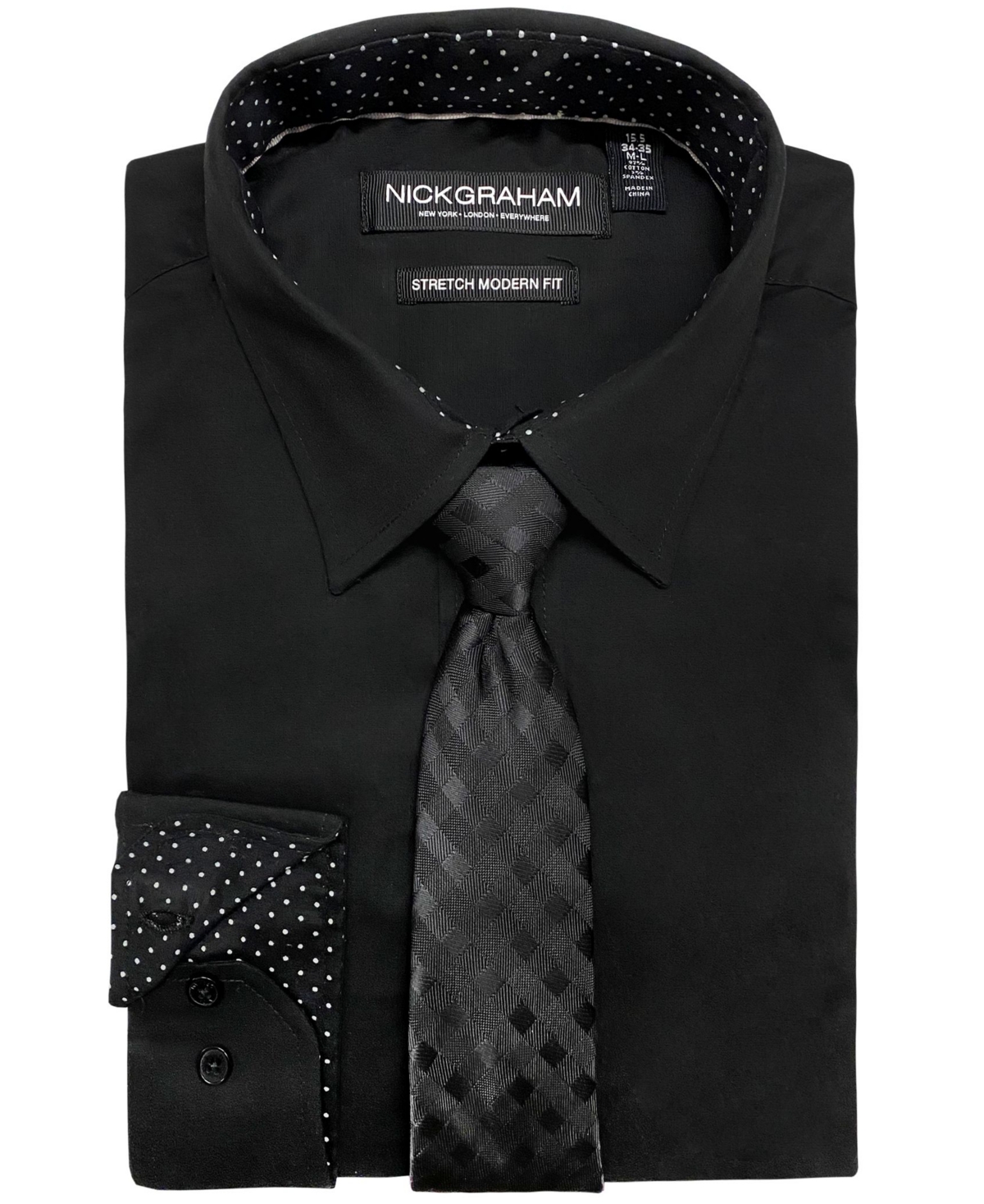 Men's Modern-Fit Stretch Dress Shirt & Tonal Plaid Tie Set - Black