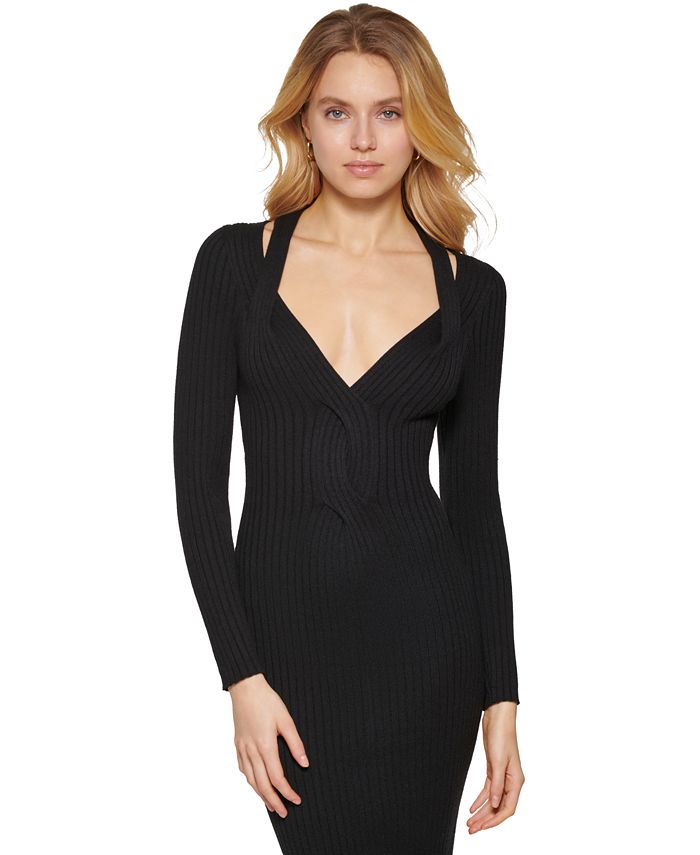 DKNY Women's Braided V-Neck Long-Sleeve Ribbed Sweater Dress - Macy's