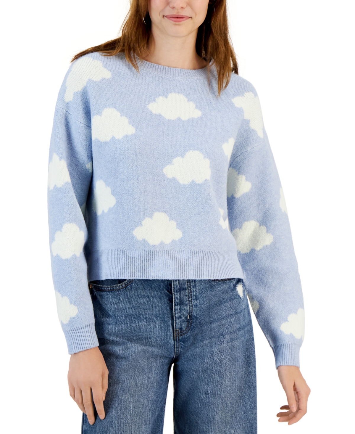 Hooked Up by Iot Juniors' Cloud-Print Drop-Shoulder Sweater