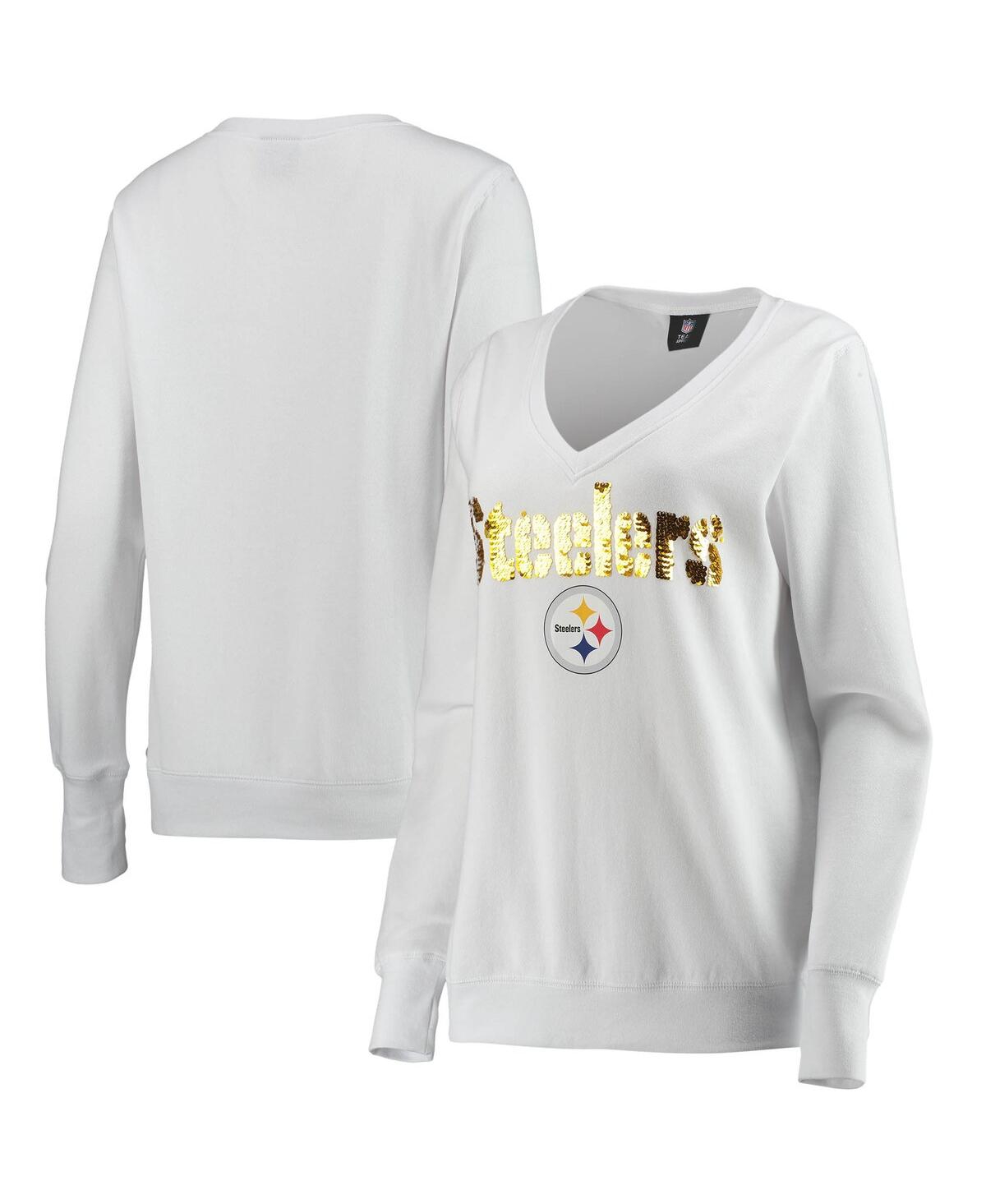 Women's Cuce White Pittsburgh Steelers Victory V-Neck Pullover Sweatshirt - White