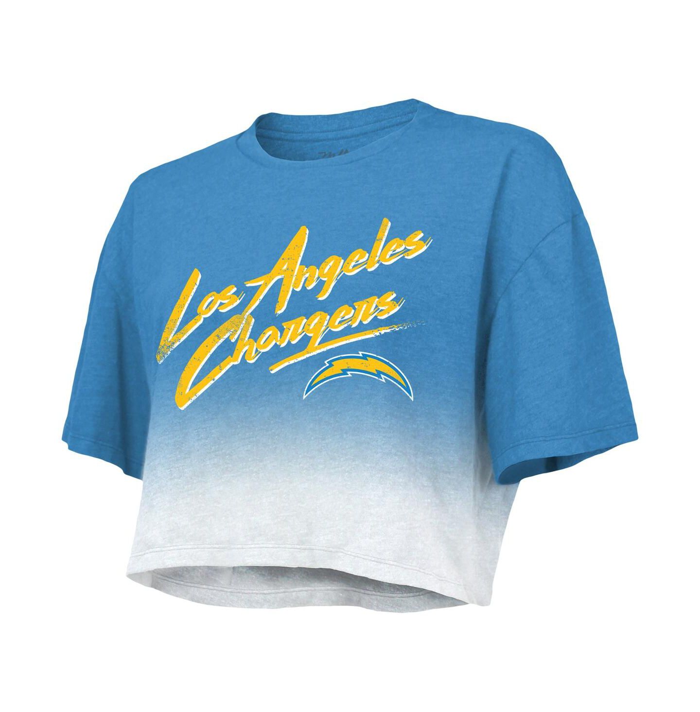 Женская футболка Majestic Threads Justin Herbert Powder Blue, White Los Angeles Chargers Drip-Dye Player Name and Number Tri-Blend Crop — фото 3