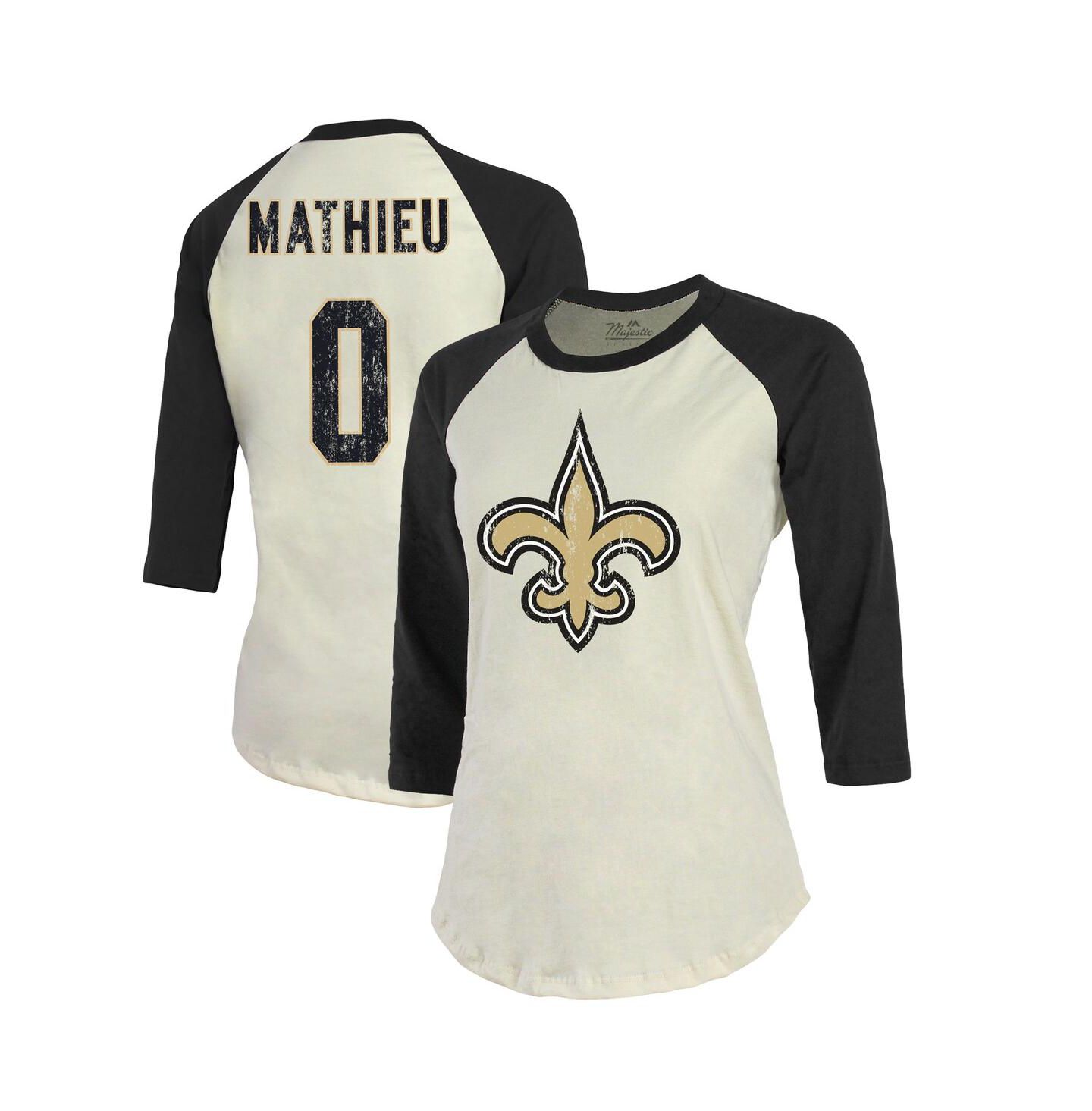 Женская футболка Majestic Threads Tyrann Mathieu Cream, Black New Orleans Saints Name & Number Raglan 3/4 Sleeve — фото 2