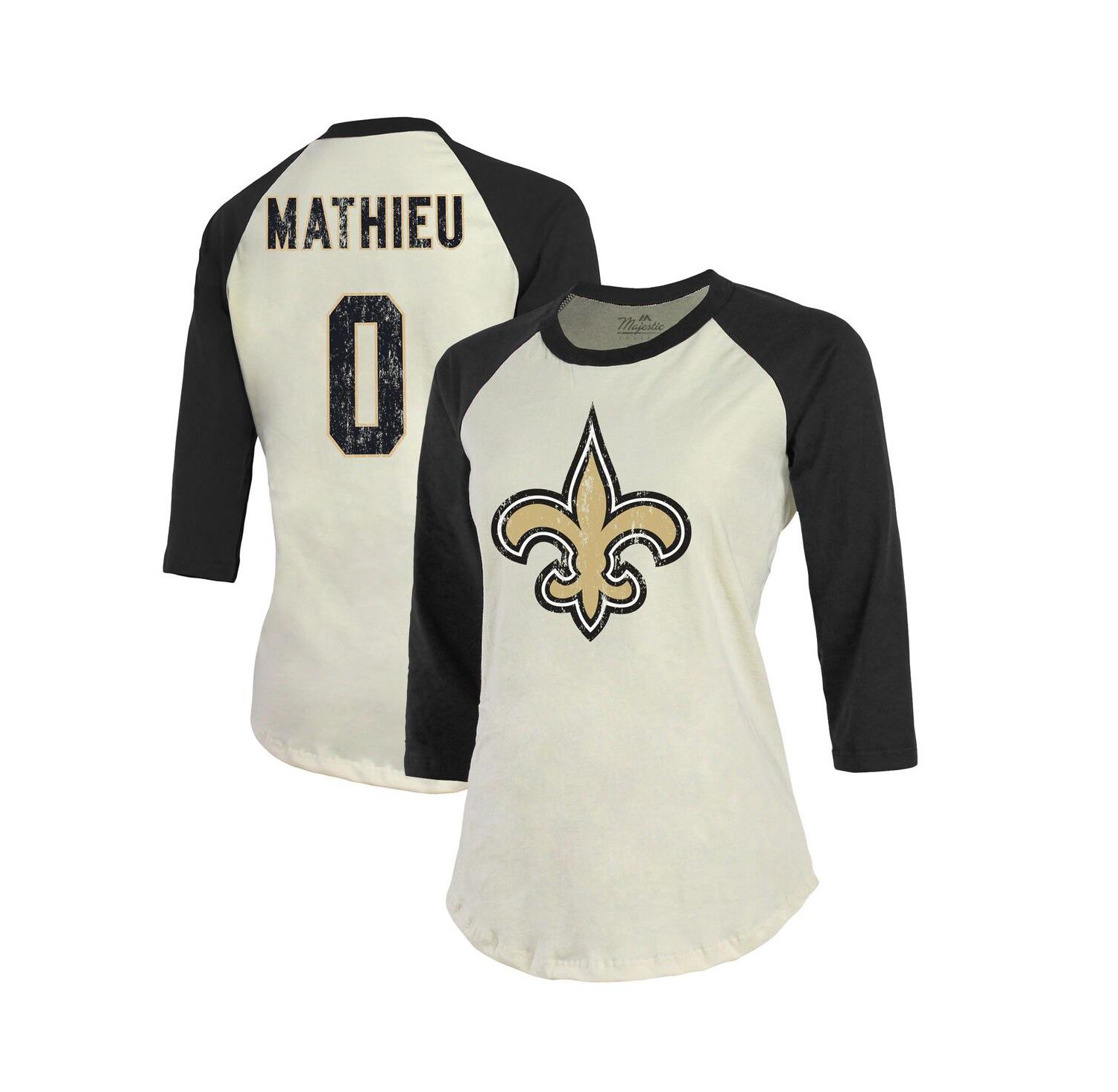 Women's Threads Tyrann Mathieu Cream, Black New Orleans Saints Name & Number Raglan 3/4 Sleeve T-shirt