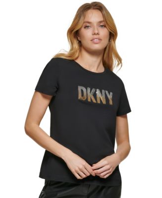 DKNY Women's Sequined Short Sleeve Crew Neck T-Shirt Top White Size Large