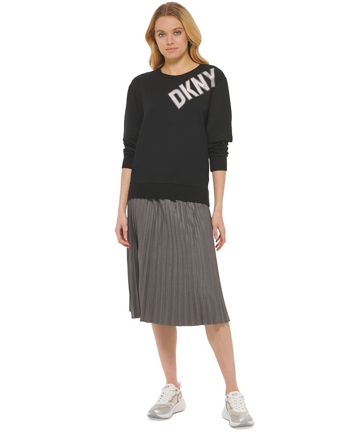 DKNY Women's Rhinestone Pinstripe Long Sleeve V Neck Above the Knee Wrap Wear to Work Dress Black Size 10