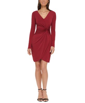 Guess V-Neck Long Sleeve Twist Knot Waist Tulip Hem Sheath Dress - 8