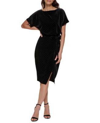 kensie - Women's Studded-Velvet Boat-Neck Belted Dress