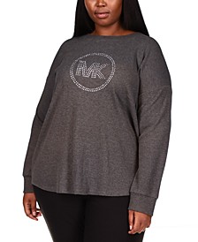 Plus Size Rhinestone Logo Waffle-Knit T-shirt