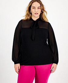 Plus Size Tie-Neck Mesh-Contrast Blouse, Created for Macy's