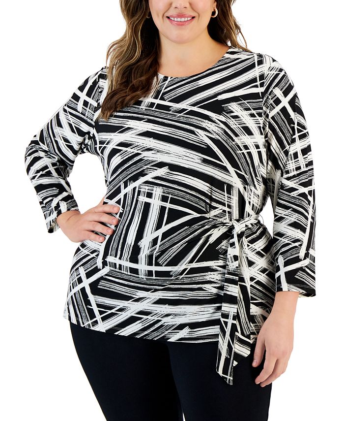 Kasper Plus Size Printed 3/4-Sleeve Side-Tie Blouse - Macy's