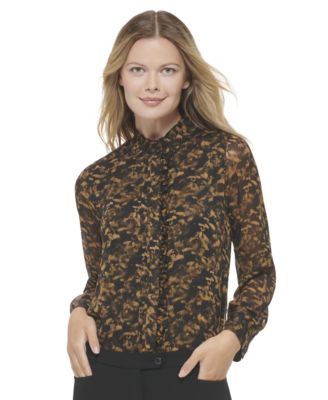 Calvin Klein - Women's Long Sleeve Floral Ruffle Trim Blouse