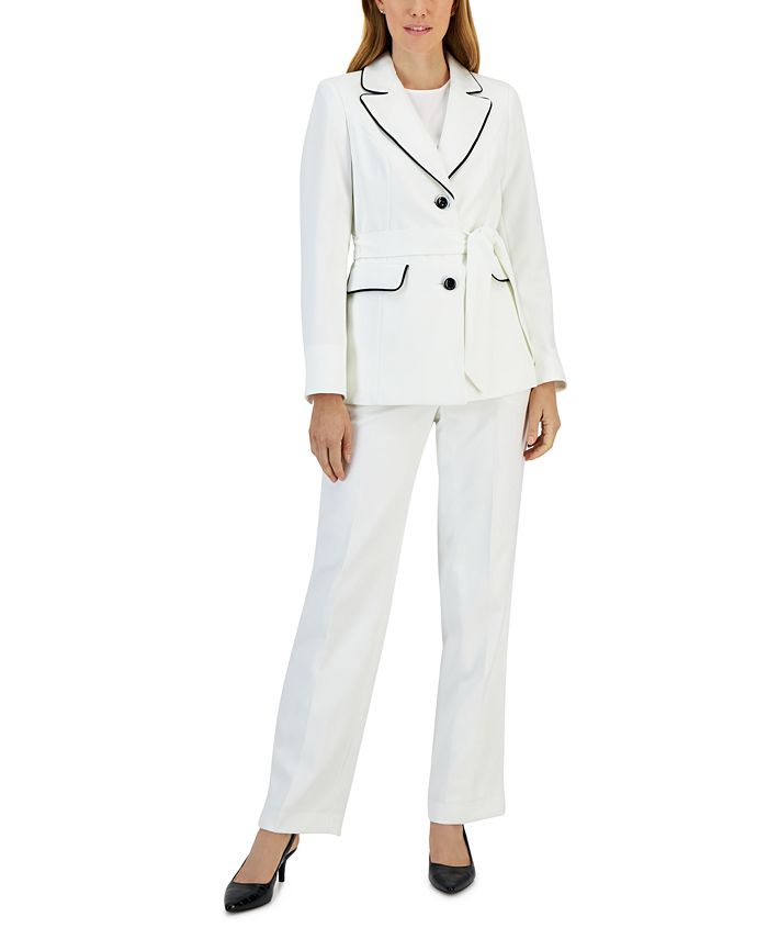 Le Suit Women's Contrast-Trim Belted Jacket & Pants - Macy's