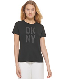 Women's Crew-Neck Rhinestone-Embellished Graphic T-Shirt