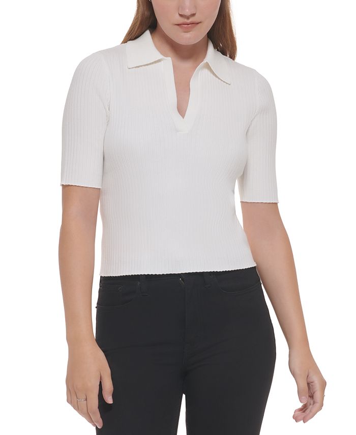 Calvin Klein Jeans Women's Ribbed Knit Cotton Polo Top & Reviews - Tops -  Juniors - Macy's