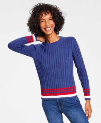 Cotton Cable-Knit Tipped Sleeve Sweater 