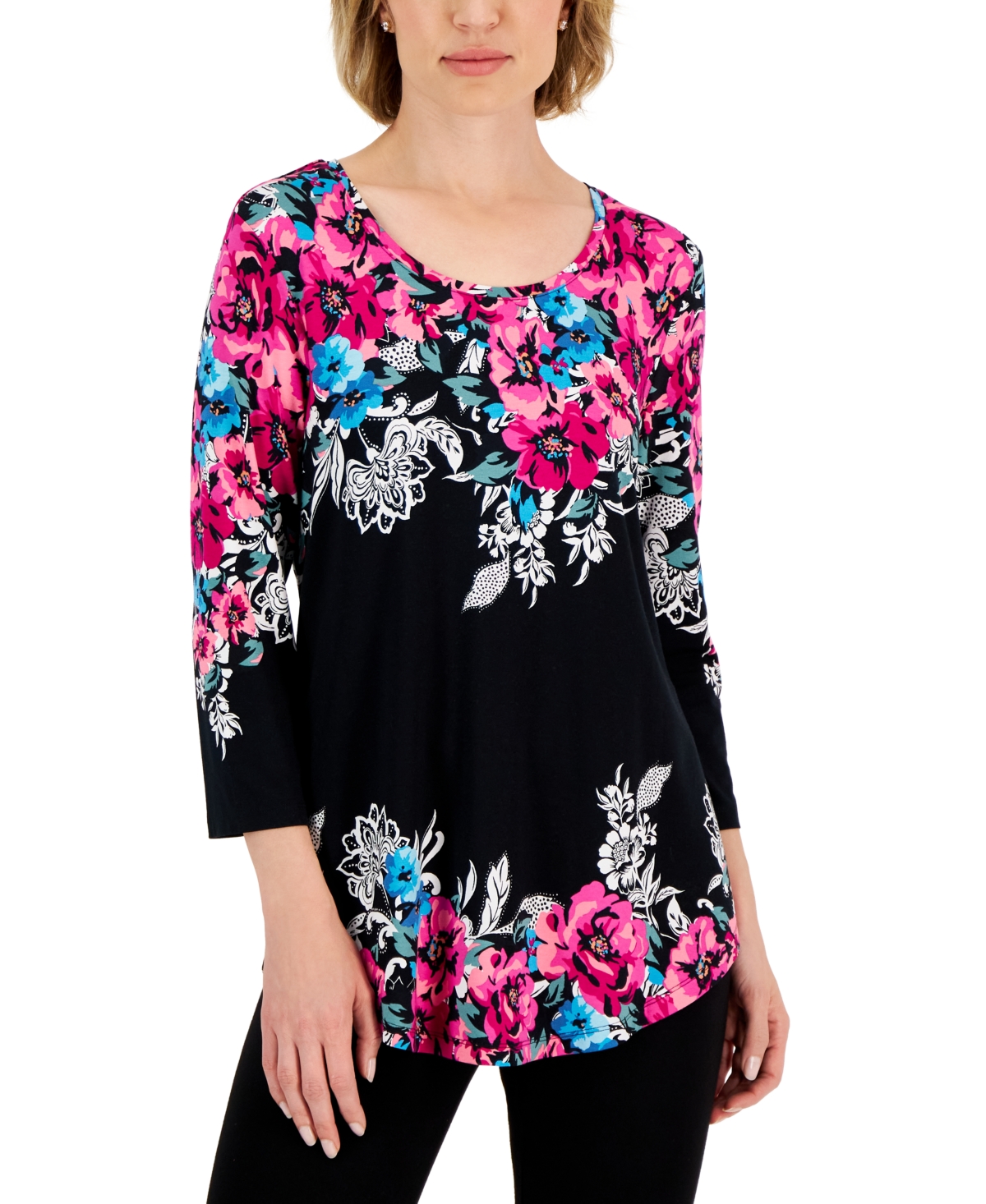 Jm Collection Women's Scoop-neck 3/4-sleeve Top, Created For Macy's In Deep  Black Floral Combo