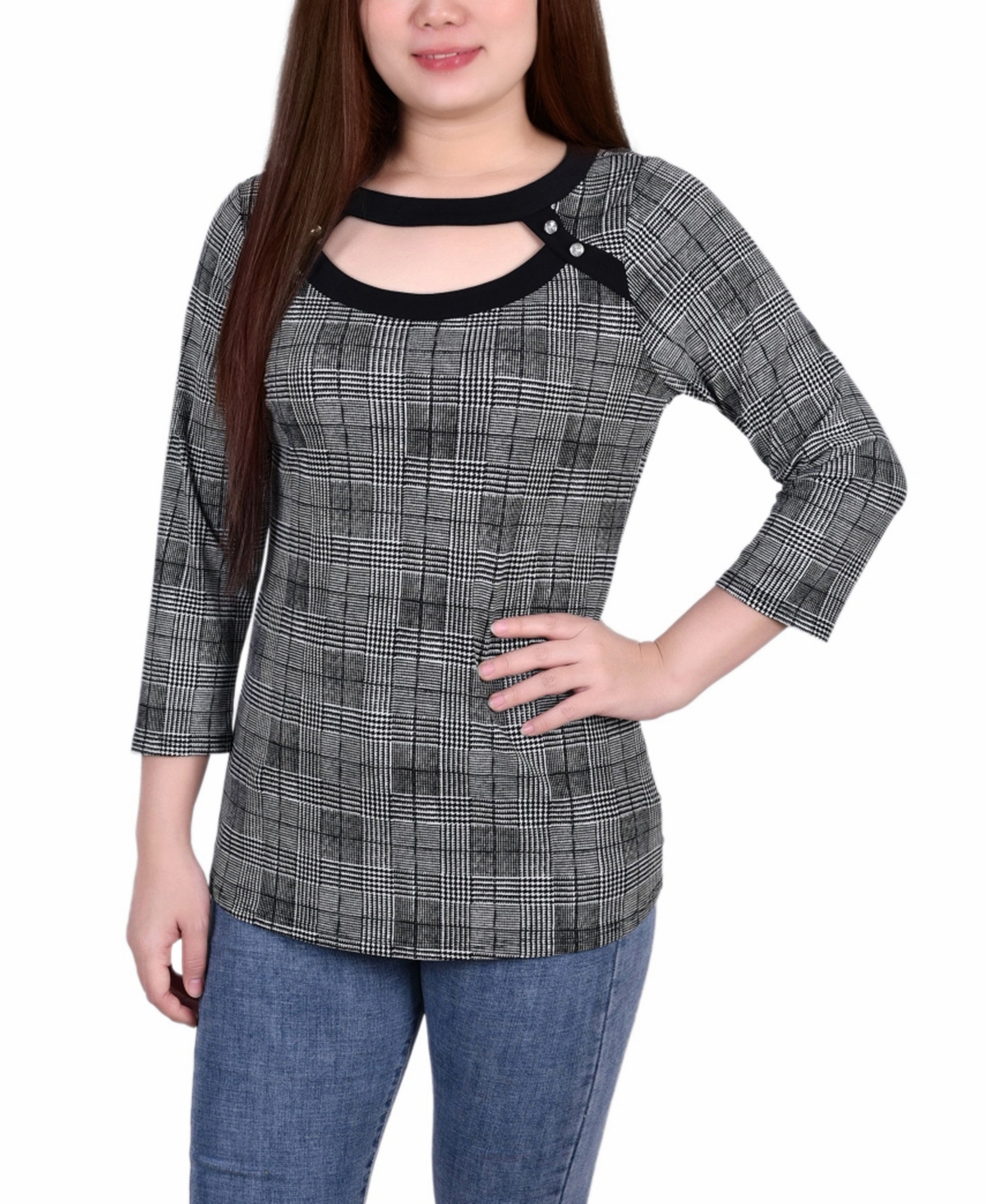 Ny Collection Women's 3/4 Sleeve Top With Combo Bands And Front Cutout In Black/white Plaid