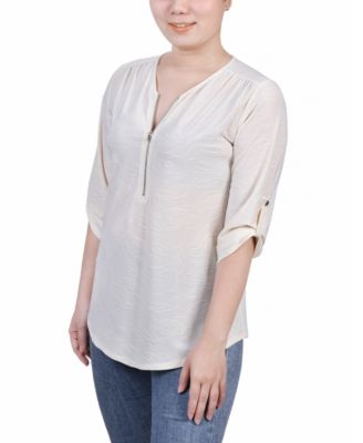 Petite 3/4 Roll Tab Zip Front Jacquard Knit Top