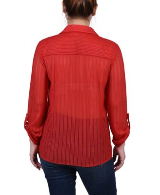 Petite Long Roll Tab Sleeve Burnout Knit Top