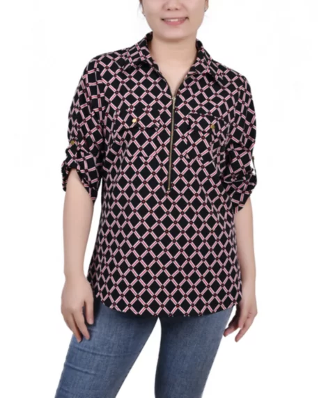 Petite 3/4 Roll Tab Sleeve Zip Front Top - Black, Red Chain