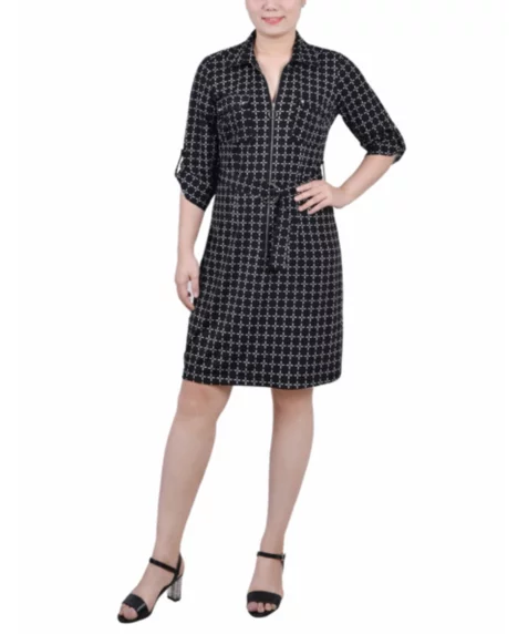 Petite Belted Roll Tab Zip Front Shirtdress - Black White Gridview