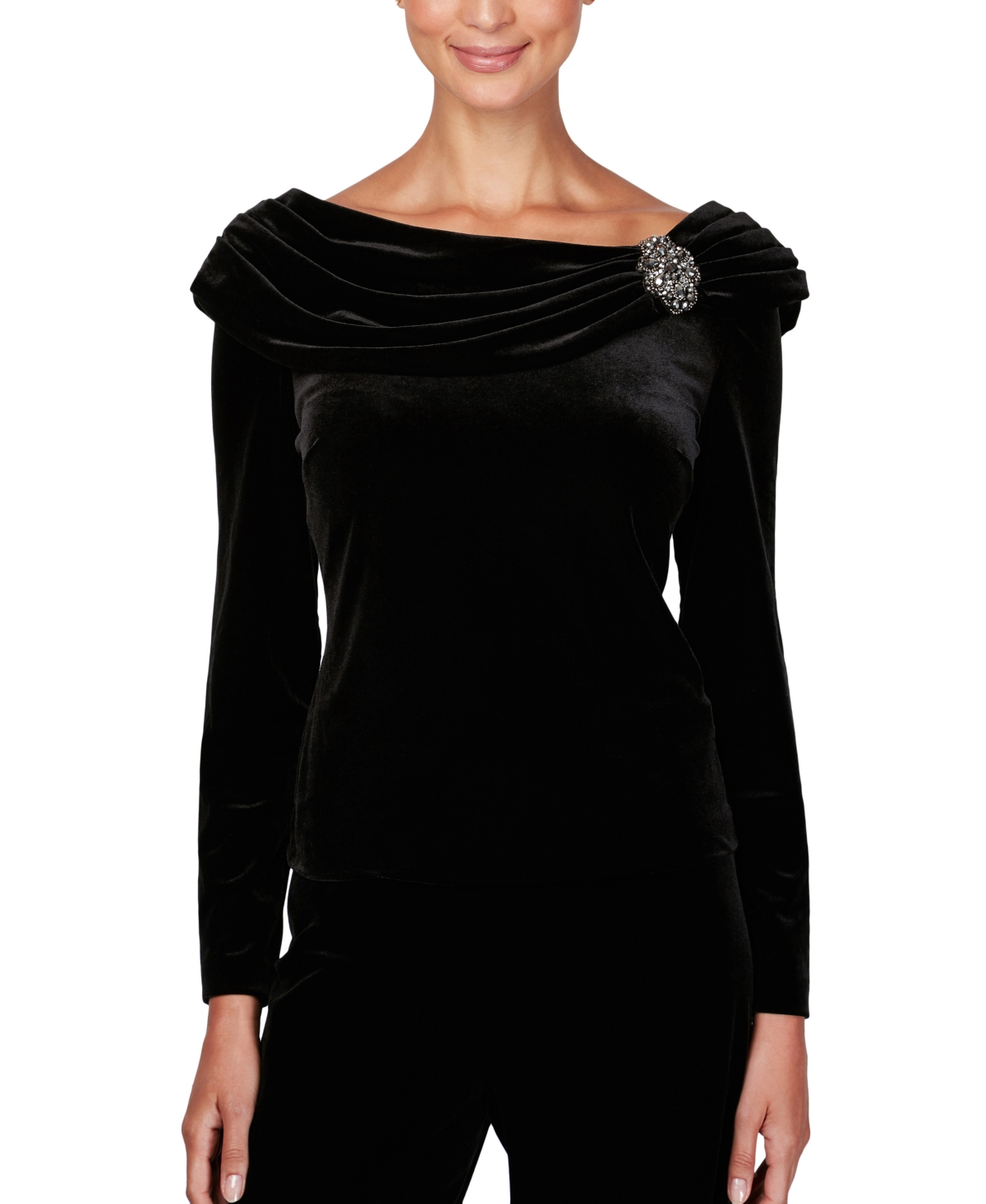 Women's Velvet Embellished Ruched-Collar Top - Black