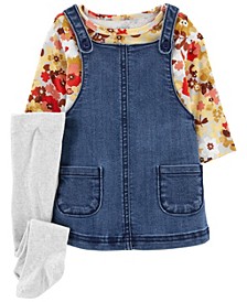 Baby Girls Floral T-shirt, Denim Jumper and Tights, 3 Piece Set