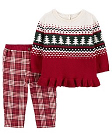 Baby Girls Holiday Peplum Sweater and Fleece Pant, 2 Piece Set
