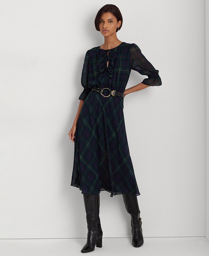 Lauren Ralph Lauren Women's Plaid Crinkle Georgette Dress - Macy's