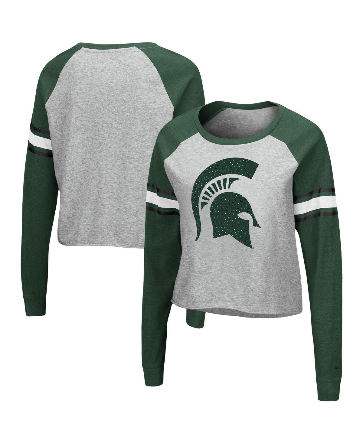 Shop Colosseum Women's  Heathered Gray, Green Michigan State Spartans Decoder Pin Raglan Long Sleeve T-shi In Heathered Gray,green