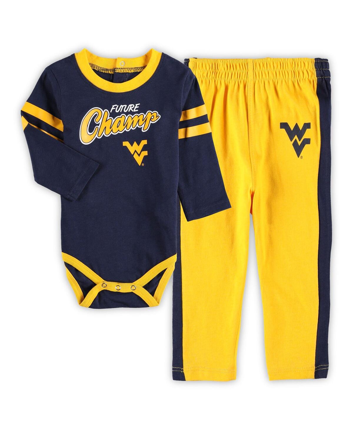 OUTERSTUFF NEWBORN AND INFANT BOYS AND GIRLS NAVY, GOLD WEST VIRGINIA MOUNTAINEERS LITTLE KICKER LONG SLEEVE BO
