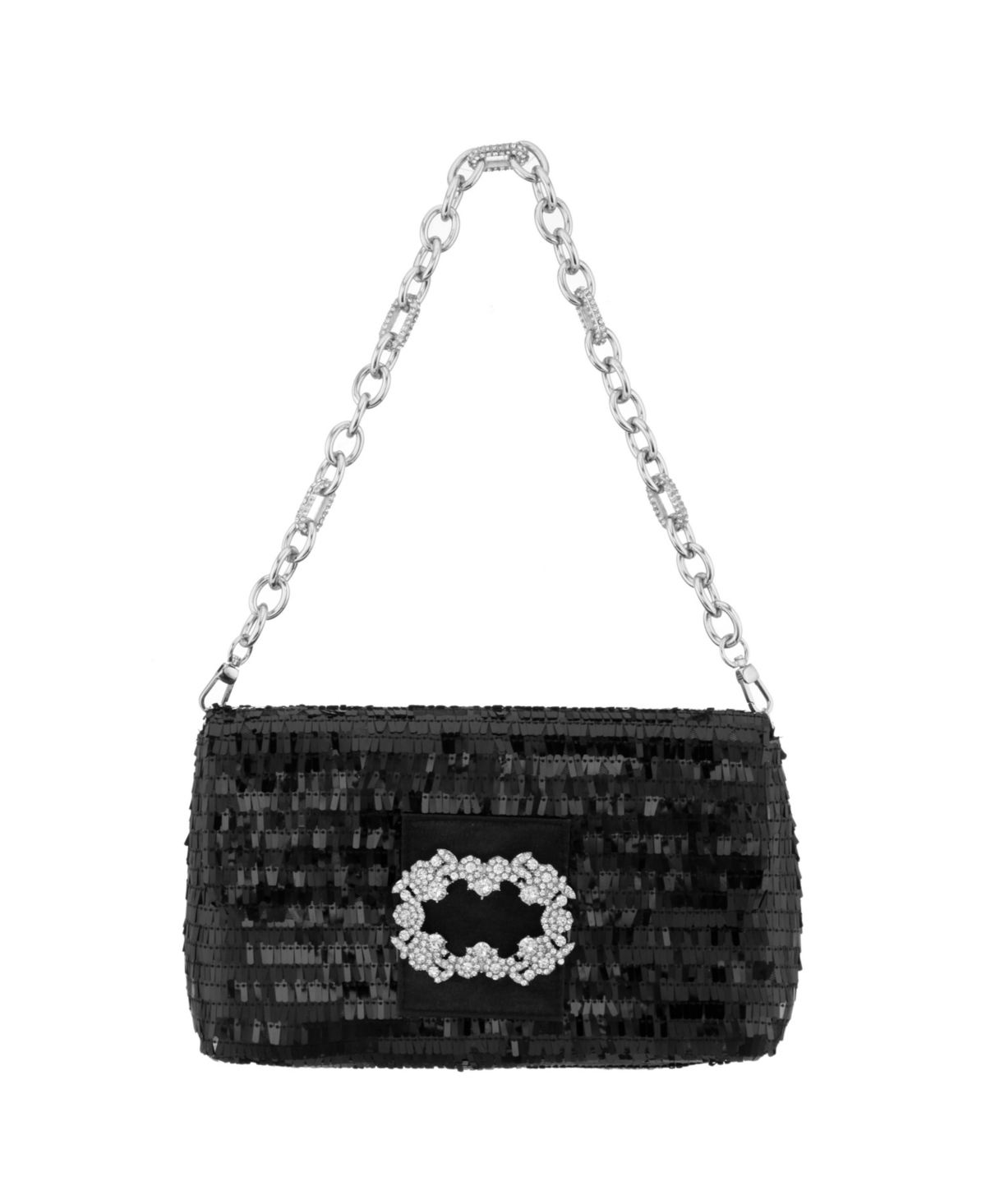 Women's Fringe Sequin Baguette Bag with Crystal Buckle Handbag - Black