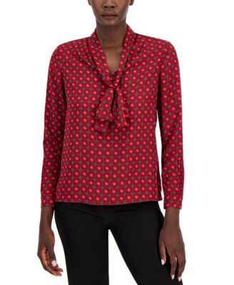 Anne Klein - Women's Printed Satin-Twill Tie-Neck Blouse