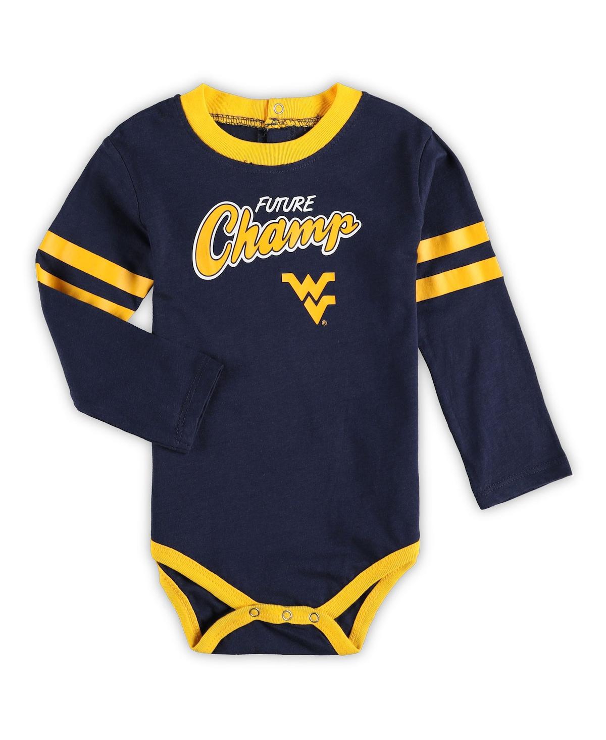 Shop Outerstuff Infant Boys And Girls Navy, Gold West Virginia Mountaineers Little Kicker Long Sleeve Bodysuit And S In Navy,gold