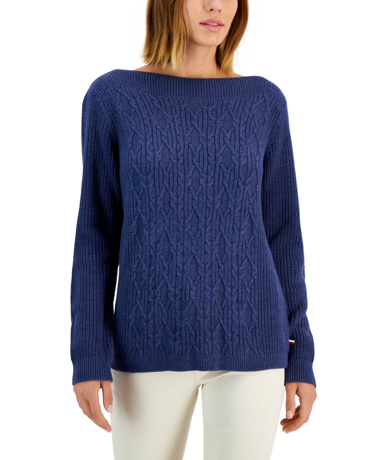 Tommy Hilfiger Women's Boat-neck Cable Knit Cate Sweater In Denim Heather