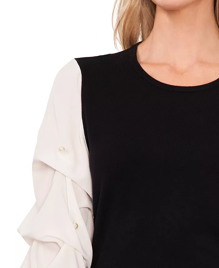 Women's Ruffled Imitation Pearl-Detail Lantern Sleeve Sweater - thumbnail 3