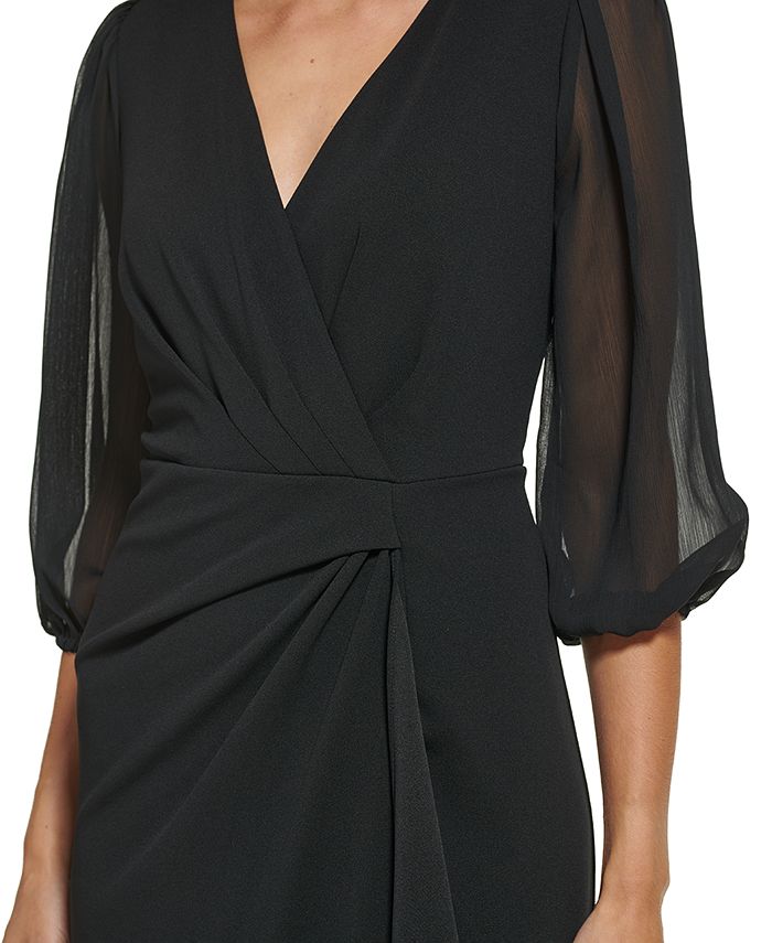 Goddiva Scuba & Chiffon Balloon Sleeve Wrap Midi Dress - Black