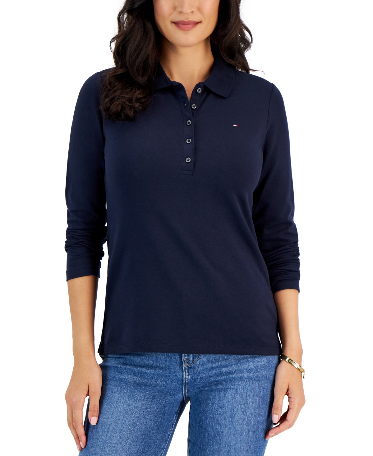Shop Tommy Hilfiger Women's Logo Long-sleeve Polo Shirt In Sky Captain