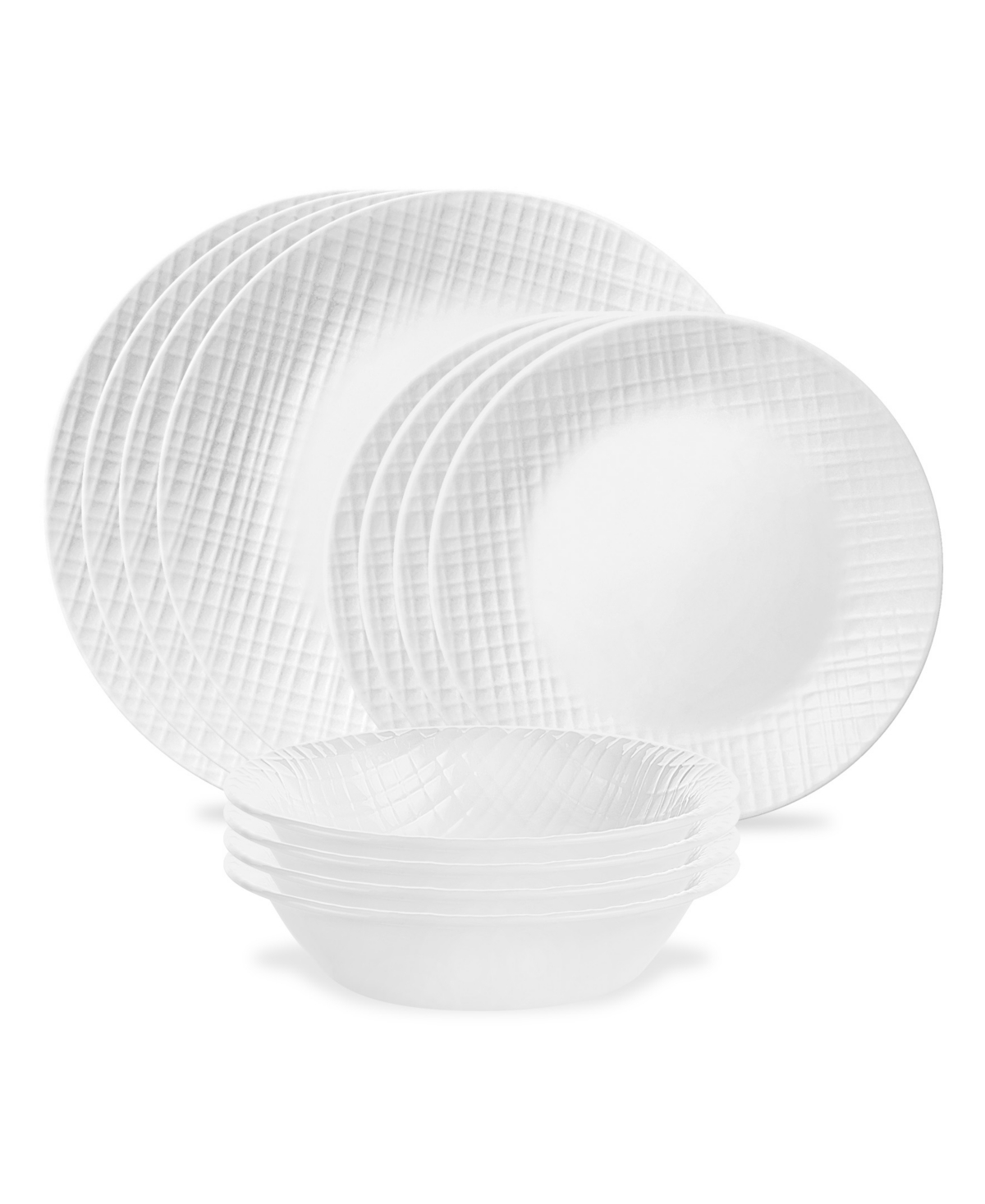 Embossed Linen Weave 12 Piece Dinnerware Set, Service for 4 - White