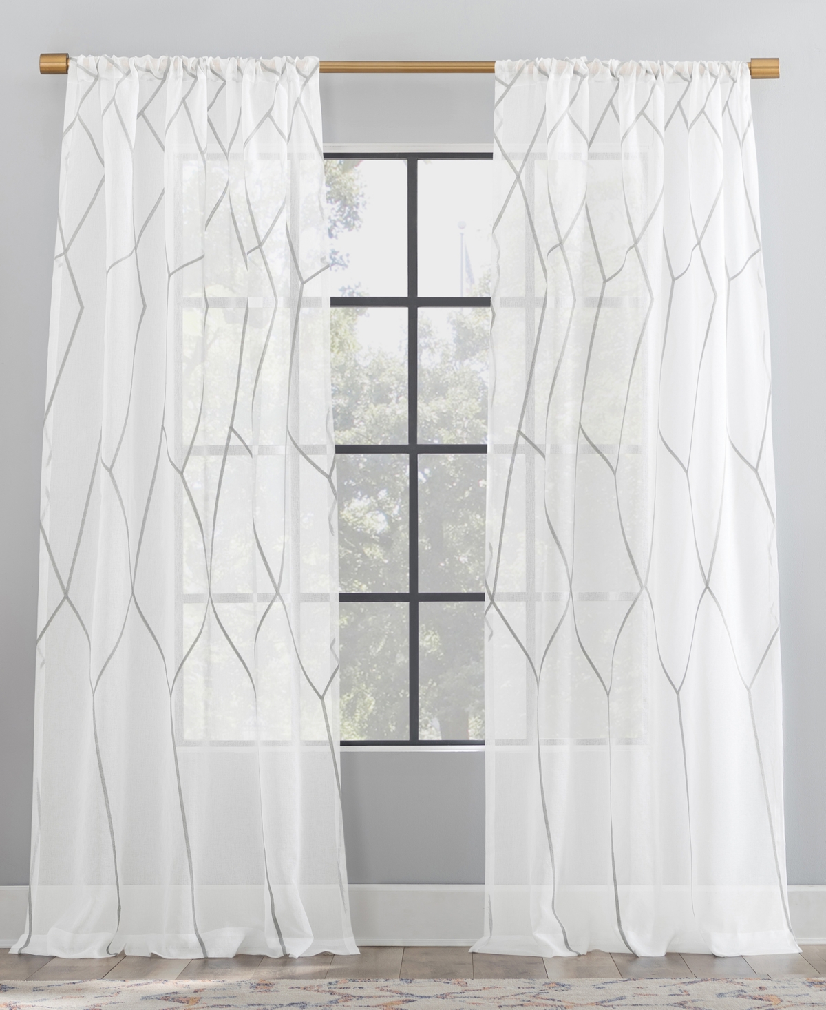 Scott Living Azlan Geometric Embroidery Sheer Rod Pocket Curtain Panel, 50" X 84" In Gray