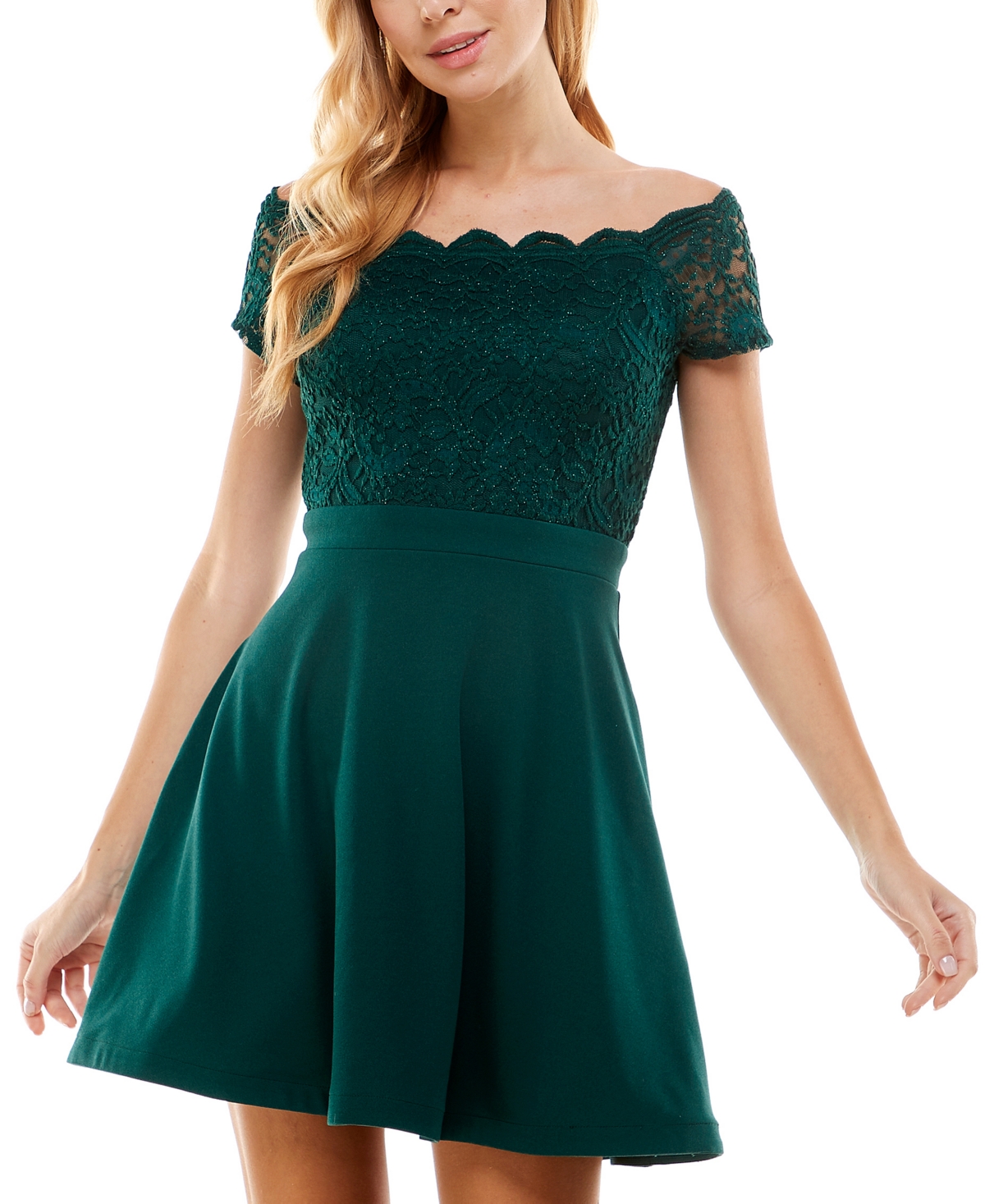 City Studios Juniors' Off-the-shoulder Lace Fit & Flare Dress In Pine Green