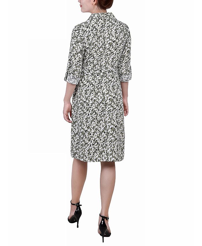 NY Collection Women's 3/4 Sleeve Roll Tab Shirtdress with Belt - Macy's