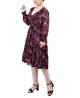 Women's Long Sleeve Clip Dot Chiffon Dress with Smocked Waist and Cuffs Dress